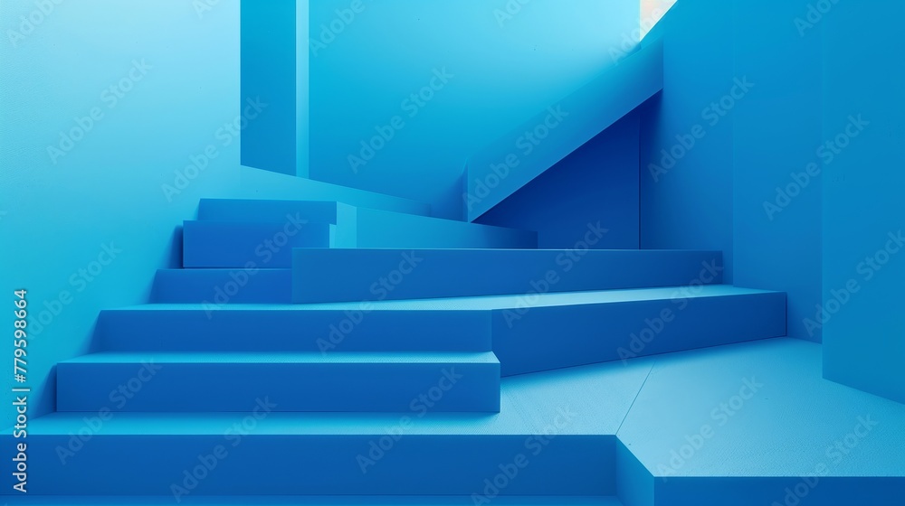 Aufkleber 3D abstract rendering with blue stair. Blue summer background with geometric 3d steps.