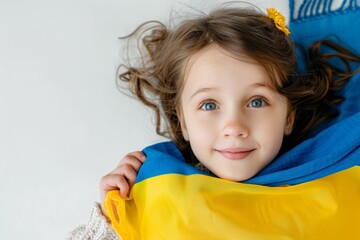 smiling ukrainian child with national yellow and blue flag in hand on white background