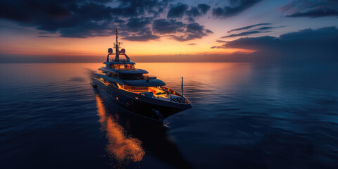 A luxury yacht sails on the sea against the backdrop of sunset