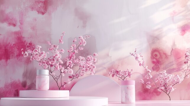 3D rendering. Watercolor texture background for cosmetic products. Fashion beauty podium.