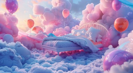 Dreamy bedtime scene with bed and balloons. Surreal image of a cozy bed surrounded by fluffy clouds and colorful balloons conveying a dreamy atmosphere - obrazy, fototapety, plakaty