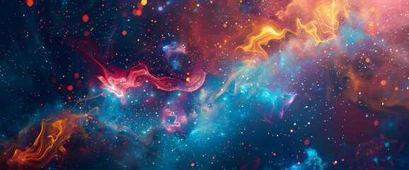 Neon particles dance and play amidst the cosmic ether, their vibrant hues painting the liquid expanse of the universe with breathtaking beauty. - obrazy, fototapety, plakaty