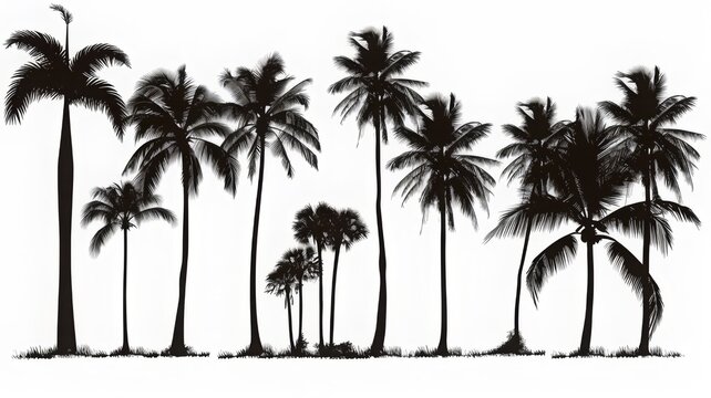 Vector image of silhouettes of palm trees, coconut trees. Black and white illustration.