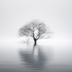 Winter's Serene Tranquility: Photorealistic Minimalist Illustrations Depicting Solitary Trees Reflecting in Calm Waters - Serene Landscape Art, Mindful Home Decor, Tranquil Meditation Imagery
