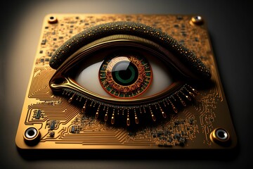the eye has an circuit board around it and is inlayed with computer components