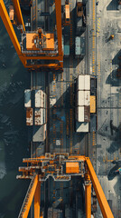 Overhead view of a bustling container terminal, showcasing the colorful array of shipping containers and cranes. Transportation industrial port..