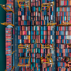 Overhead view of a bustling container terminal, showcasing the colorful array of shipping containers and cranes. Transportation industrial port..