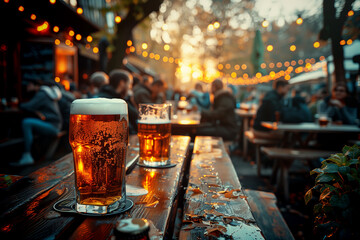 Beer glasses on a table at night, beer garden environment typical Bavarian for happy friendship