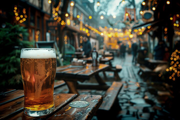 Glass of beer on a table at a Bavarian beer garden at night, symbol of friendly lifestyle
