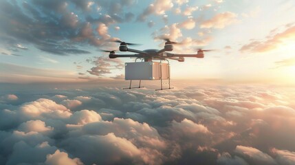 Autonomous Drone Delivering Package Above Clouds at Sunset