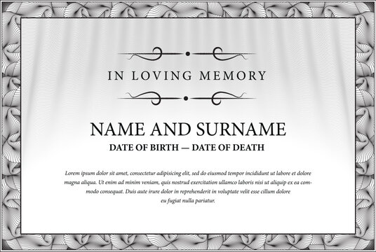 Funeral card. In loving memory of those who are forever in our hearts. Elegant design. Vector illustration.