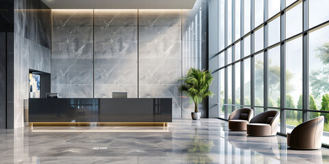 Modern lobby interior with marble walls and large windows.