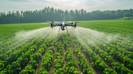 New Agriculture technologies in agriculture, drone spreading pesticides in the field - obrazy, fototapety, plakaty