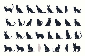 A collection of cat silhouettes showing a variety of cat poses: sitting, standing, walking and jumping. Black silhouettes on a white background. Cat themed design.