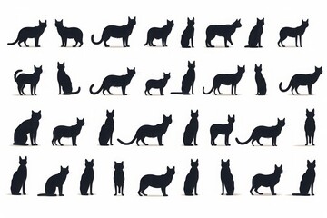 A collection of cat silhouettes showing a variety of cat poses: sitting, standing, walking and jumping. Black silhouettes on a white background. Cat themed design.