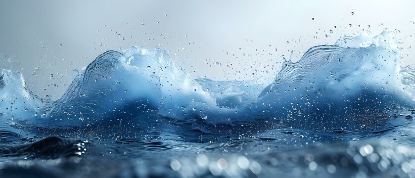 Blue Water Wave with Splashing Drops: Abstract Image on Isolated Background. Concept Water Photography, Abstract Art, Nature Images, Splash Effect, Ocean Inspirations