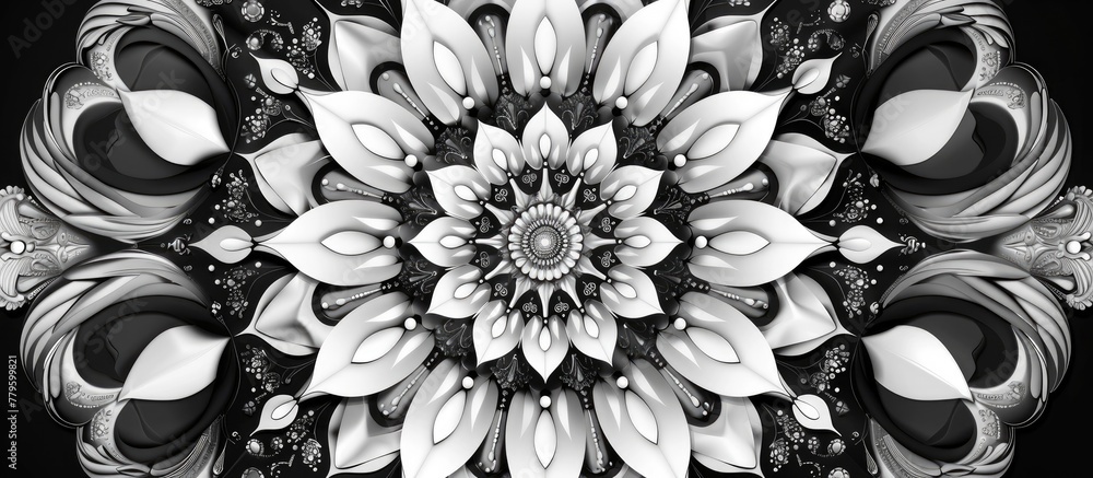 Poster a mesmerizing monochrome closeup of artificial flowers and leaves in a symmetrical kaleidoscope patt