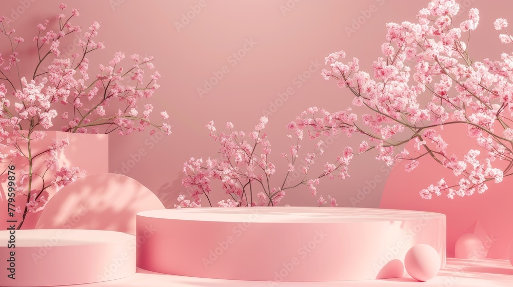 Aufkleber The background is a pink color background for display of cosmetic products. 3D rendering. Natural beauty backdrop for cosmetic product display.