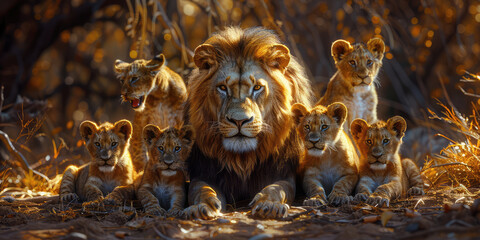 A lion family with the father in front of them, surrounded the cubs, cinematic shot. Created with Ai - obrazy, fototapety, plakaty