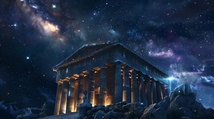Majestic temple under a cosmic starry night. An enchanting visual of a Greek temple under the stars, with the vastness of the universe bringing a sense of wonder and exploration - obrazy, fototapety, plakaty