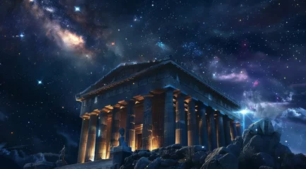 Fotobehang Majestic temple under a cosmic starry night. An enchanting visual of a Greek temple under the stars, with the vastness of the universe bringing a sense of wonder and exploration © Vuk