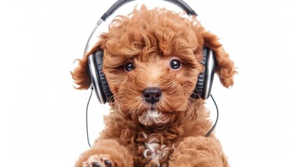Brown poodle puppy with headphones.
