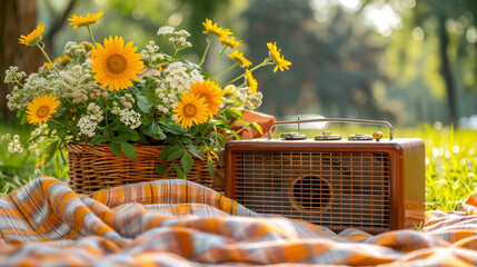 A retro beach radio sitting on a picnic blanket, setting the mood with classic summer hits.