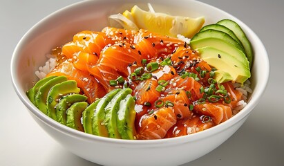 Fresh salmon poke bowl with avocado and rice