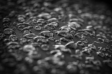 Closeup black and white shot of water droplets on a surface in a blurred background