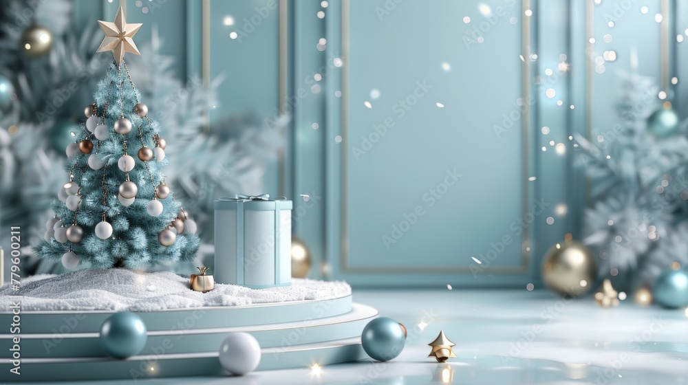 Poster an abstract 3d composition of a winter christmas tree and a stage for displaying products.
