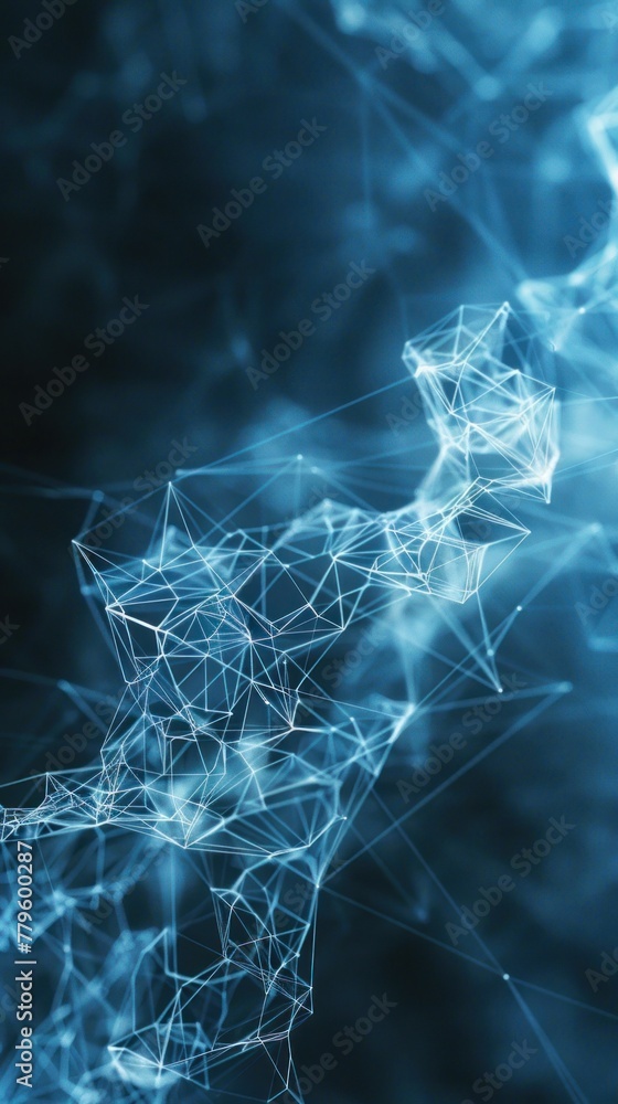 Poster blue abstract background featuring intersecting lines and scattered dots in a digital design