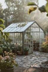 Serene greenhouse in sunlit garden. A tranquil greenhouse stands on a path lined with lush greenery, bathed in soft sunlight and warmth