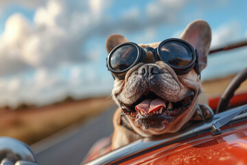A French Bulldog wearing goggles, driving an orange sports car on the road, closeup of its head and shoulders. Created with Ai