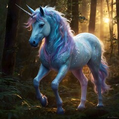 A magical white unicorn in the forest.
