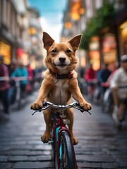 Dog riding a bicycle in a crowded city.	