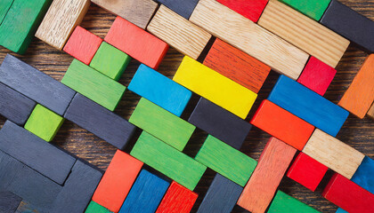Colorful wooden blocks background. Top view.