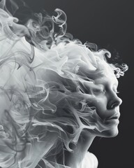 Swirling white smoke on dark background. Elegant white smoke curls and weaves against a black backdrop, creating an abstract and mysterious atmosphere - obrazy, fototapety, plakaty