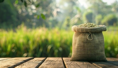 Naklejka premium Sack of unprocessed rice grains on wooden table against paddy field