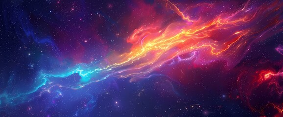 Neon comets streak through the celestial void, their vibrant tails painting a mesmerizing trail across the liquid canvas of the universe.