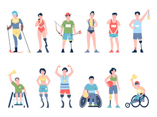 Disabled athletes. Winners of championship and paralympic games. Athlete hold gold trophy or medal. Sportsman in wheelchair, recent vector characters