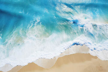 Fototapeta na wymiar Aerial View of Turquoise Waves Crashing on a Golden Sandy Beach