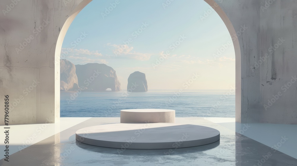 Fototapete The scene consists of geometrical forms, an arch and a podium in natural daylight with minimal landscape background. A sea view is visible in the distance. A summer scene is in the background with 3D