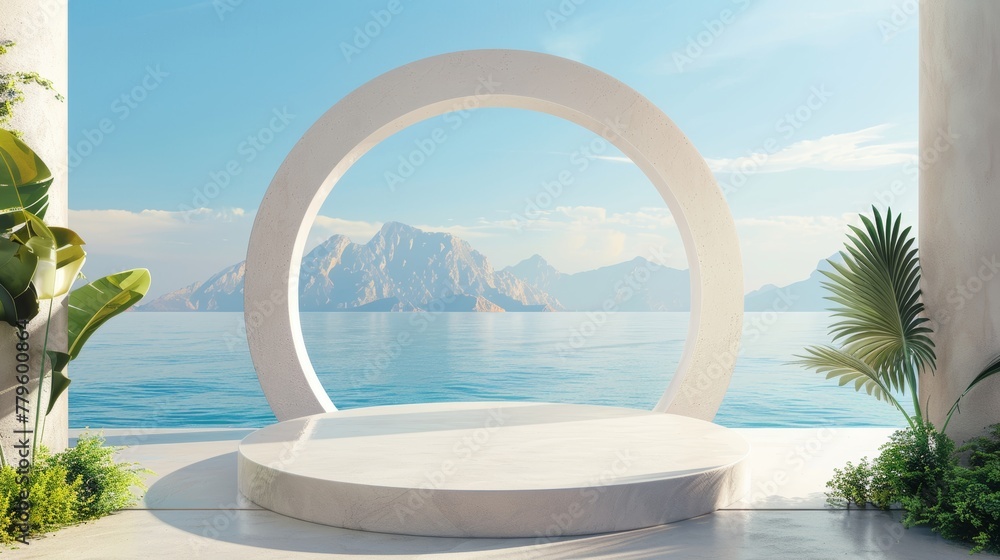 Poster scene with geometrical forms, arch with a podium in natural daylight. sea view. summer scene. 3d ren