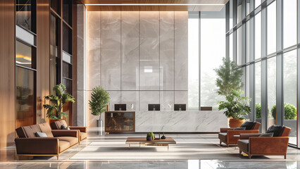 Luxurious lobby with marble reception and floor-to-ceiling windows.
