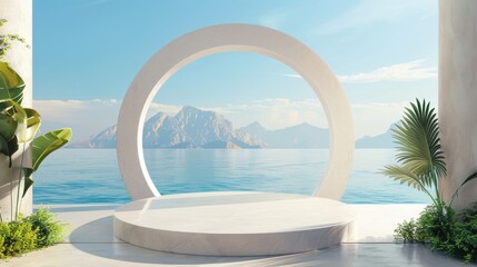 Scene with geometrical forms, arch with a podium in natural daylight. Sea view. Summer scene. 3D render background. - obrazy, fototapety, plakaty