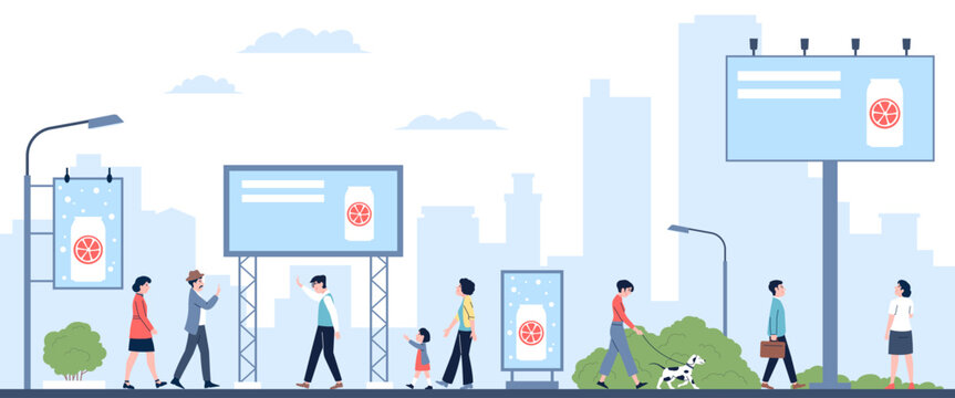 Outdoor marketing billboards scene. Urban street with different advertising placards. People look billboard, ad in city recent vector concept