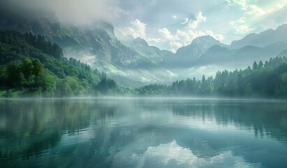 Misty mountain lake at dawn with ethereal light and reflection - obrazy, fototapety, plakaty