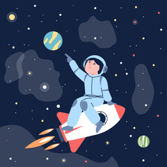 Kid in outer space. Astronaut on rocket flying in universe and exploring planets and stars. Child in spacesuit and helmet, childish dreams, recent vector scene