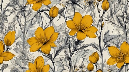 Wallpaper fabric styled drawing of yellow flowers