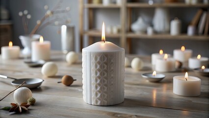 Composition of white burning candles in Scandinavian style, delicate pastel shades.
